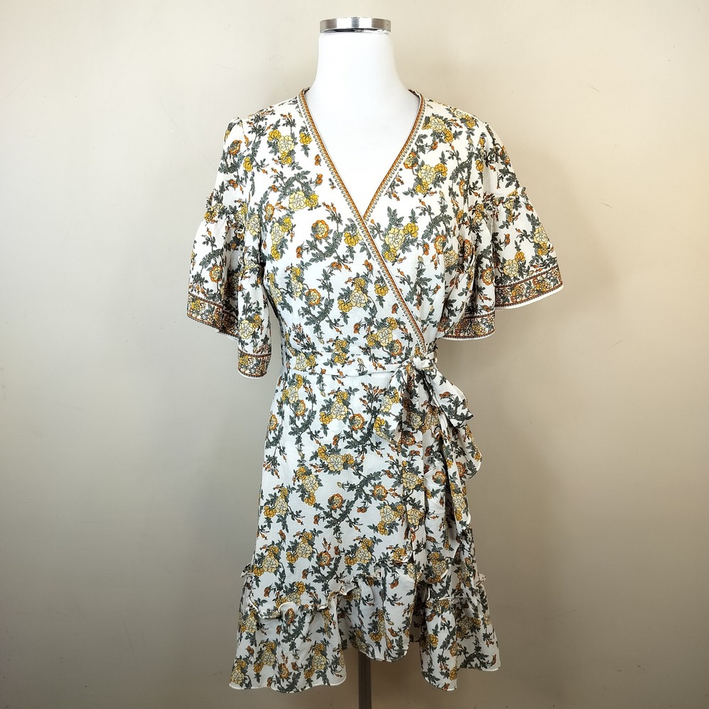 Max Studio Floral Wrap Dress Medium Puff Sleeve Ruffle Boho White Yellow